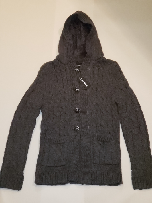 Sweater jacket with Hood. Blue/Gray in color