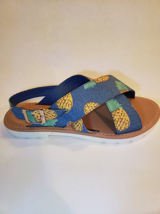 Qupid Blue print fabric, Pineapple print sandals